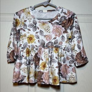 Toddler Girls Warm Tone Floral Print Flowy Long Sleeve Top Size 12 Months